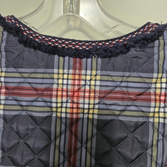 Crown & Ivy Navy Plaid Puffer Quilted Jacket Quilted Zip Front Fringe Pockets L - Picture 6 of 10